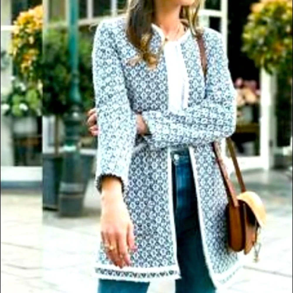 Zara Frayed Printed Blue and White Round-Neck Jacket with Front Pockets - Picture 1 of 8